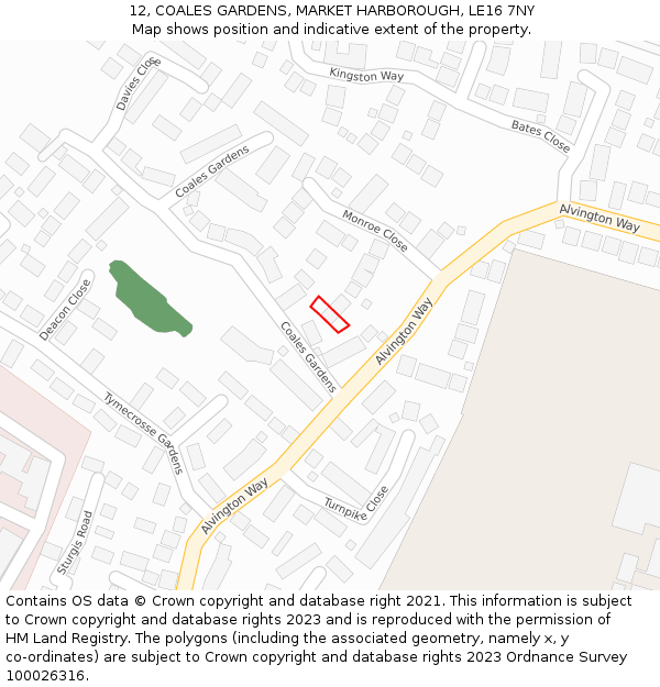 12, COALES GARDENS, MARKET HARBOROUGH, LE16 7NY: Location map and indicative extent of plot