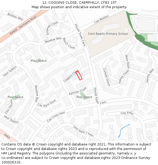 12, COGGINS CLOSE, CAERPHILLY, CF83 1ST: Location map and indicative extent of plot