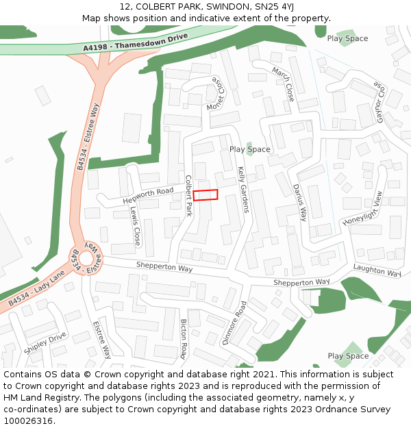 12, COLBERT PARK, SWINDON, SN25 4YJ: Location map and indicative extent of plot