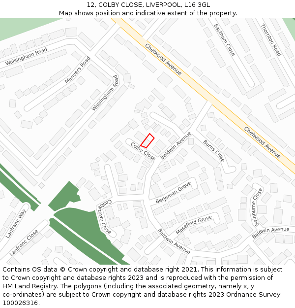 12, COLBY CLOSE, LIVERPOOL, L16 3GL: Location map and indicative extent of plot