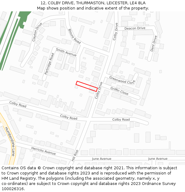 12, COLBY DRIVE, THURMASTON, LEICESTER, LE4 8LA: Location map and indicative extent of plot