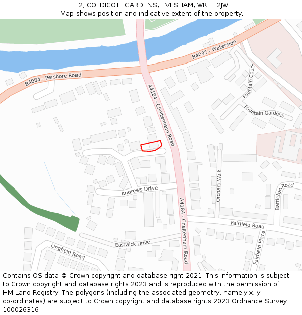 12, COLDICOTT GARDENS, EVESHAM, WR11 2JW: Location map and indicative extent of plot