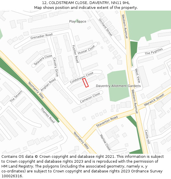 12, COLDSTREAM CLOSE, DAVENTRY, NN11 9HL: Location map and indicative extent of plot
