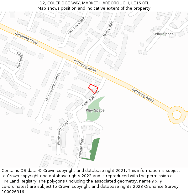 12, COLERIDGE WAY, MARKET HARBOROUGH, LE16 8FL: Location map and indicative extent of plot