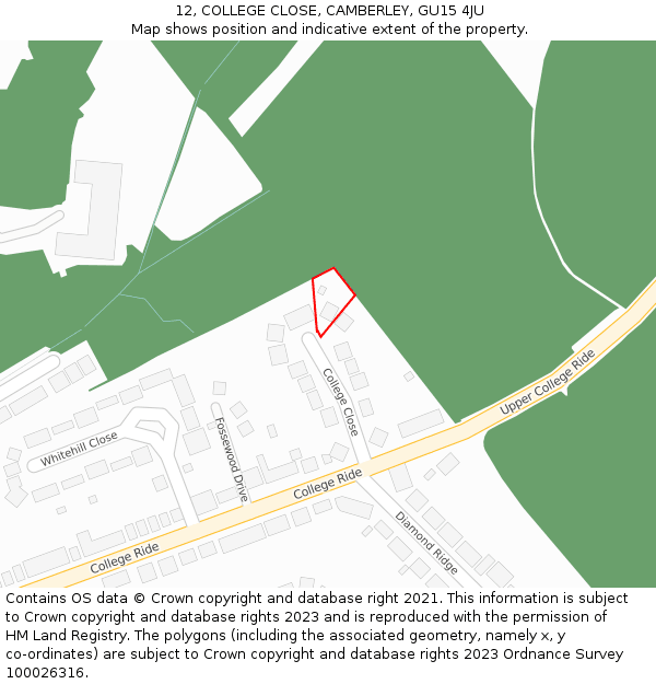 12, COLLEGE CLOSE, CAMBERLEY, GU15 4JU: Location map and indicative extent of plot