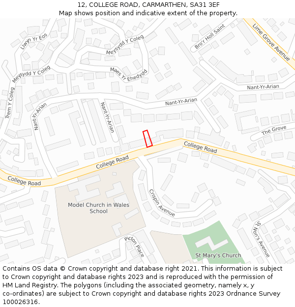 12, COLLEGE ROAD, CARMARTHEN, SA31 3EF: Location map and indicative extent of plot