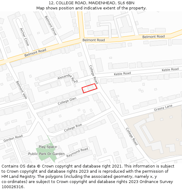 12, COLLEGE ROAD, MAIDENHEAD, SL6 6BN: Location map and indicative extent of plot