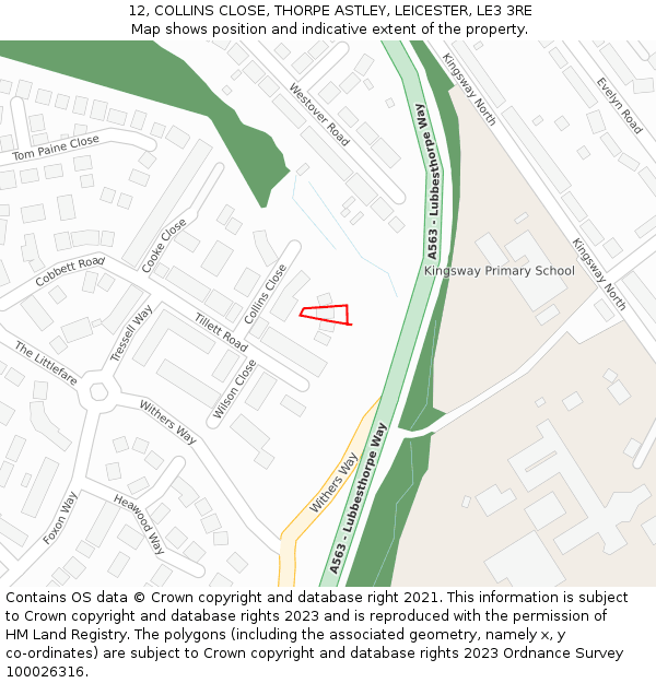 12, COLLINS CLOSE, THORPE ASTLEY, LEICESTER, LE3 3RE: Location map and indicative extent of plot