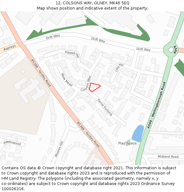 12, COLSONS WAY, OLNEY, MK46 5EQ: Location map and indicative extent of plot