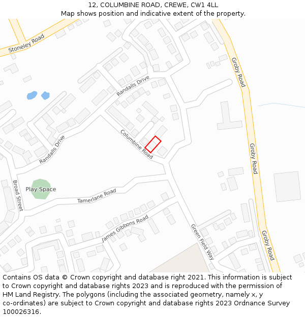 12, COLUMBINE ROAD, CREWE, CW1 4LL: Location map and indicative extent of plot