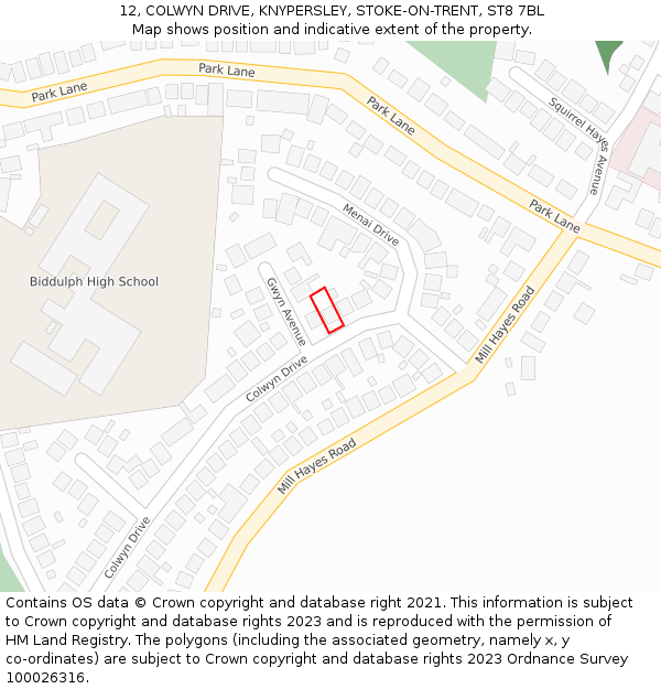 12, COLWYN DRIVE, KNYPERSLEY, STOKE-ON-TRENT, ST8 7BL: Location map and indicative extent of plot