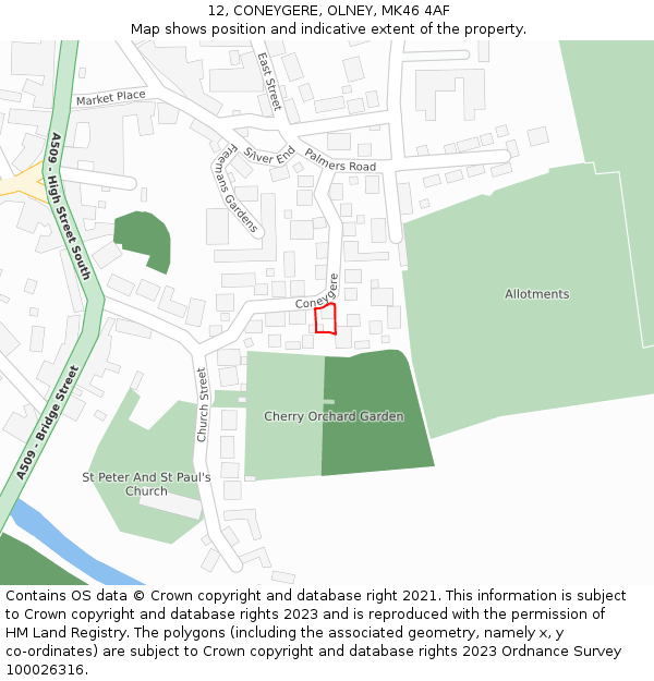 12, CONEYGERE, OLNEY, MK46 4AF: Location map and indicative extent of plot