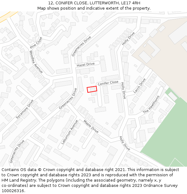12, CONIFER CLOSE, LUTTERWORTH, LE17 4RH: Location map and indicative extent of plot