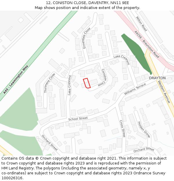 12, CONISTON CLOSE, DAVENTRY, NN11 9EE: Location map and indicative extent of plot
