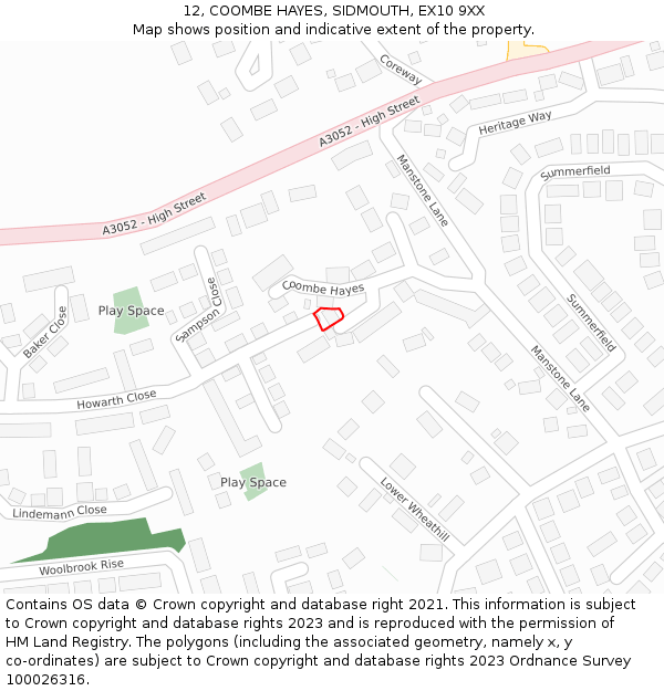 12, COOMBE HAYES, SIDMOUTH, EX10 9XX: Location map and indicative extent of plot