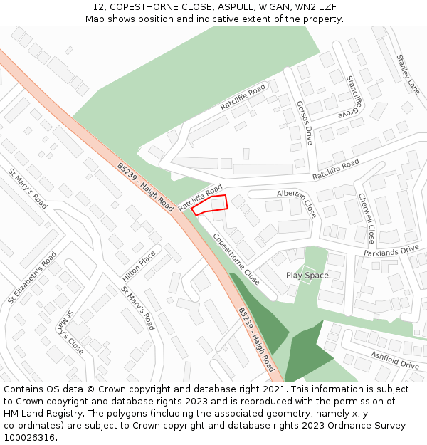 12, COPESTHORNE CLOSE, ASPULL, WIGAN, WN2 1ZF: Location map and indicative extent of plot