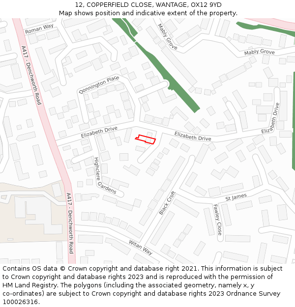 12, COPPERFIELD CLOSE, WANTAGE, OX12 9YD: Location map and indicative extent of plot