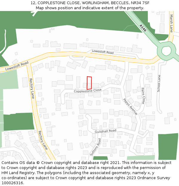 12, COPPLESTONE CLOSE, WORLINGHAM, BECCLES, NR34 7SF: Location map and indicative extent of plot
