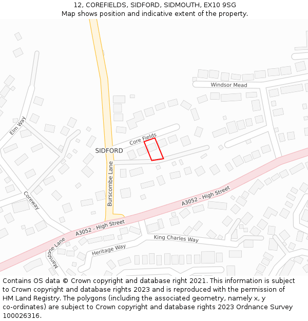 12, COREFIELDS, SIDFORD, SIDMOUTH, EX10 9SG: Location map and indicative extent of plot