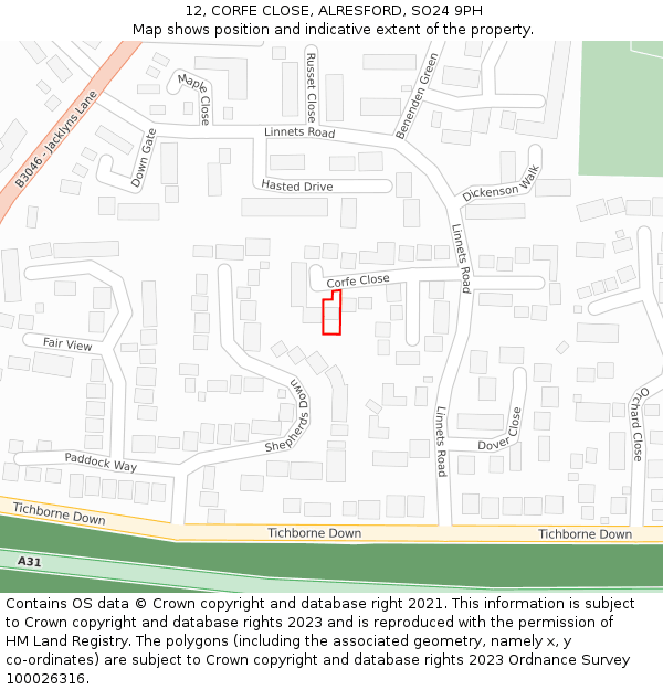 12, CORFE CLOSE, ALRESFORD, SO24 9PH: Location map and indicative extent of plot