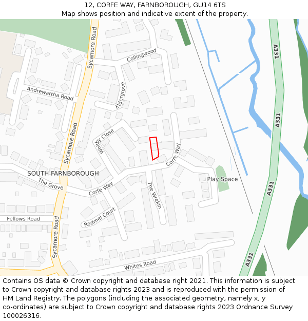 12, CORFE WAY, FARNBOROUGH, GU14 6TS: Location map and indicative extent of plot