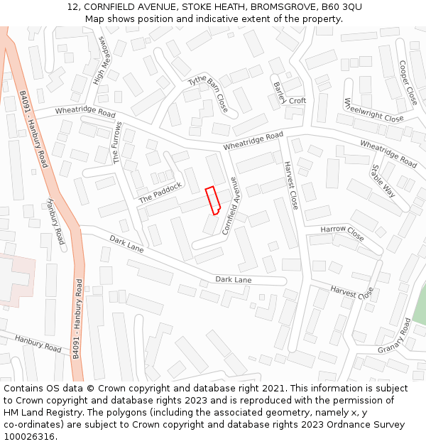 12, CORNFIELD AVENUE, STOKE HEATH, BROMSGROVE, B60 3QU: Location map and indicative extent of plot