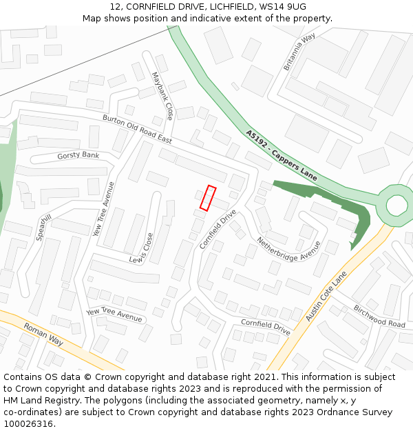 12, CORNFIELD DRIVE, LICHFIELD, WS14 9UG: Location map and indicative extent of plot