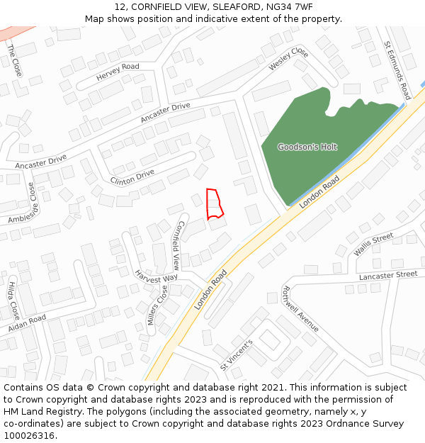 12, CORNFIELD VIEW, SLEAFORD, NG34 7WF: Location map and indicative extent of plot