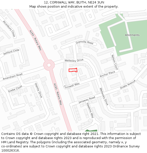 12, CORNWALL WAY, BLYTH, NE24 3UN: Location map and indicative extent of plot