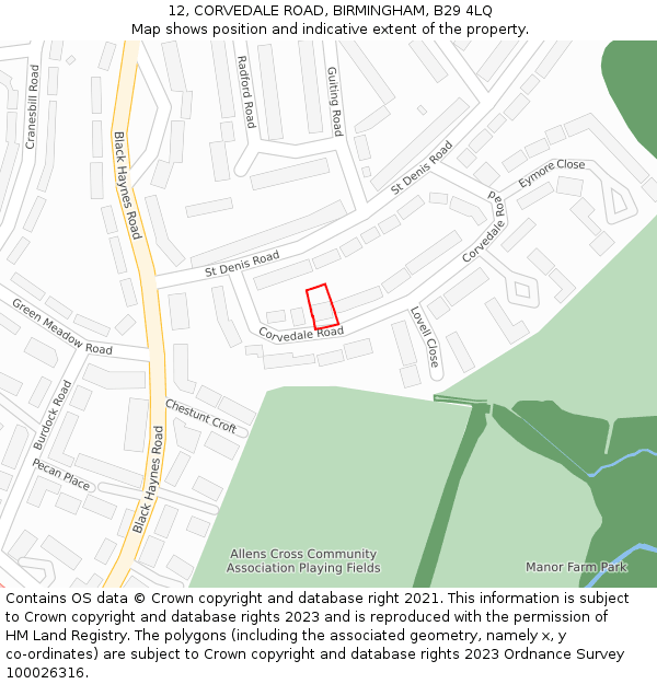 12, CORVEDALE ROAD, BIRMINGHAM, B29 4LQ: Location map and indicative extent of plot