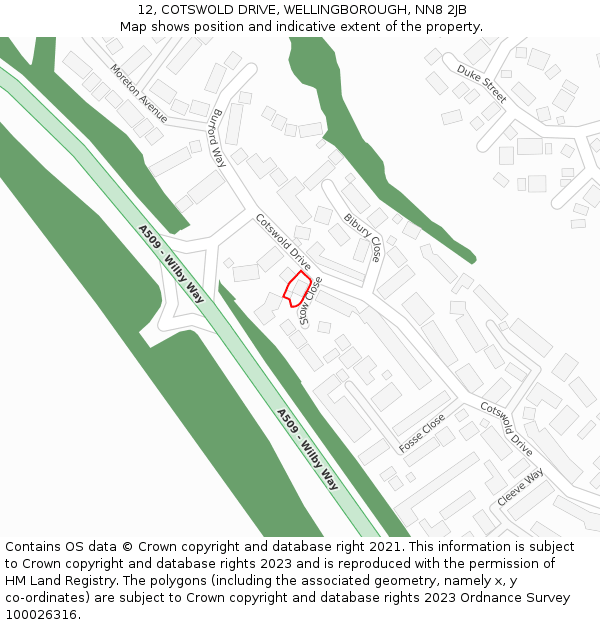 12, COTSWOLD DRIVE, WELLINGBOROUGH, NN8 2JB: Location map and indicative extent of plot