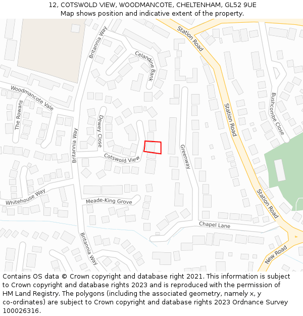 12, COTSWOLD VIEW, WOODMANCOTE, CHELTENHAM, GL52 9UE: Location map and indicative extent of plot