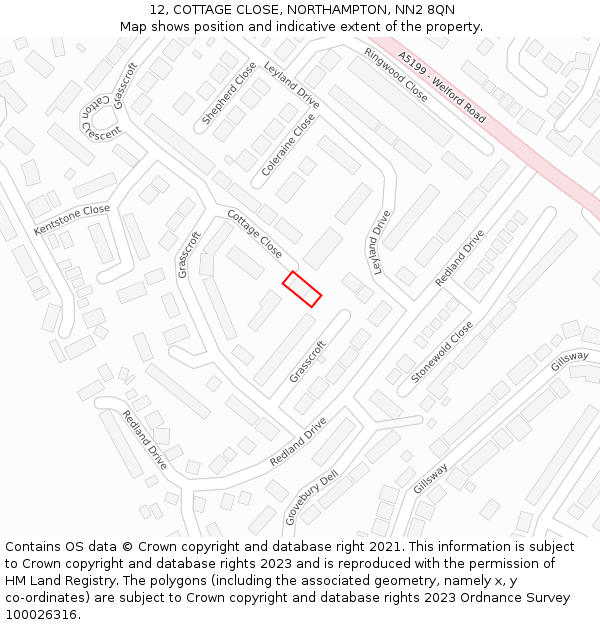 12, COTTAGE CLOSE, NORTHAMPTON, NN2 8QN: Location map and indicative extent of plot