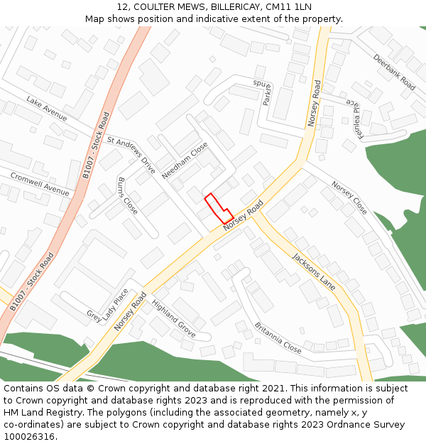 12, COULTER MEWS, BILLERICAY, CM11 1LN: Location map and indicative extent of plot