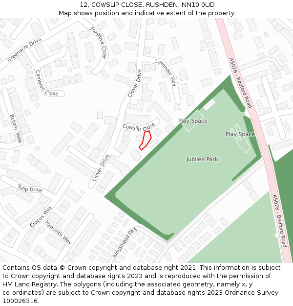 12, COWSLIP CLOSE, RUSHDEN, NN10 0UD: Location map and indicative extent of plot