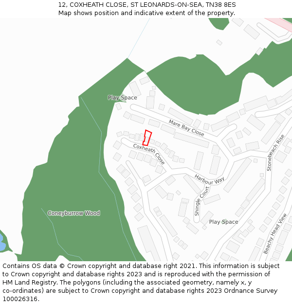 12, COXHEATH CLOSE, ST LEONARDS-ON-SEA, TN38 8ES: Location map and indicative extent of plot