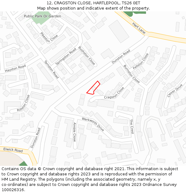12, CRAGSTON CLOSE, HARTLEPOOL, TS26 0ET: Location map and indicative extent of plot
