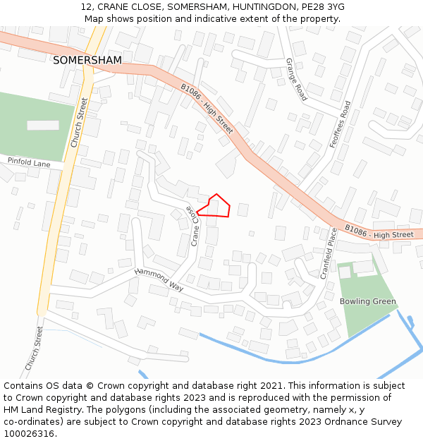 12, CRANE CLOSE, SOMERSHAM, HUNTINGDON, PE28 3YG: Location map and indicative extent of plot