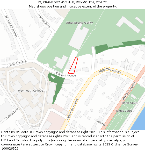 12, CRANFORD AVENUE, WEYMOUTH, DT4 7TL: Location map and indicative extent of plot