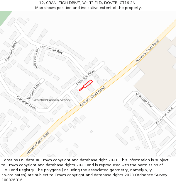 12, CRANLEIGH DRIVE, WHITFIELD, DOVER, CT16 3NL: Location map and indicative extent of plot