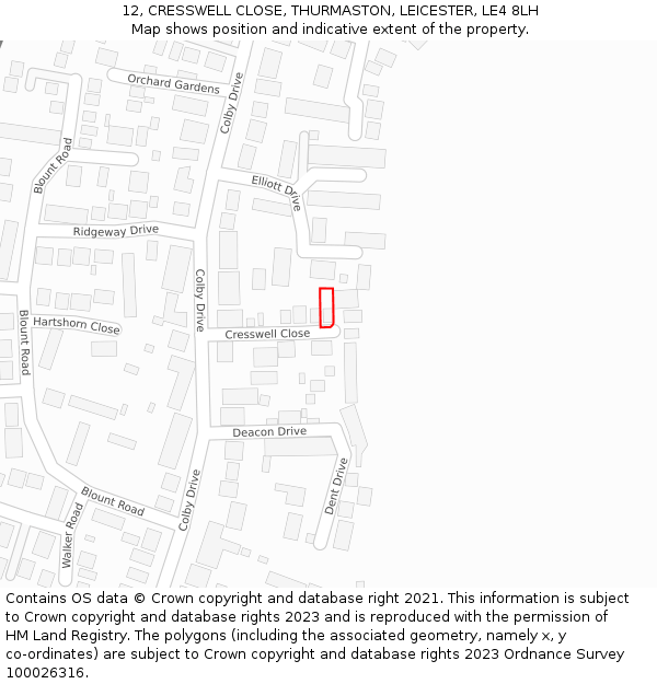 12, CRESSWELL CLOSE, THURMASTON, LEICESTER, LE4 8LH: Location map and indicative extent of plot