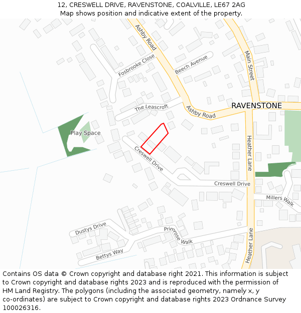 12, CRESWELL DRIVE, RAVENSTONE, COALVILLE, LE67 2AG: Location map and indicative extent of plot
