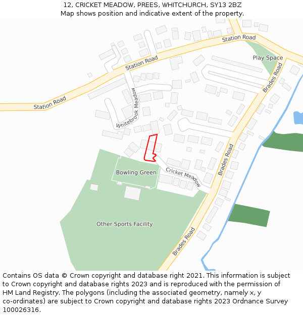 12, CRICKET MEADOW, PREES, WHITCHURCH, SY13 2BZ: Location map and indicative extent of plot