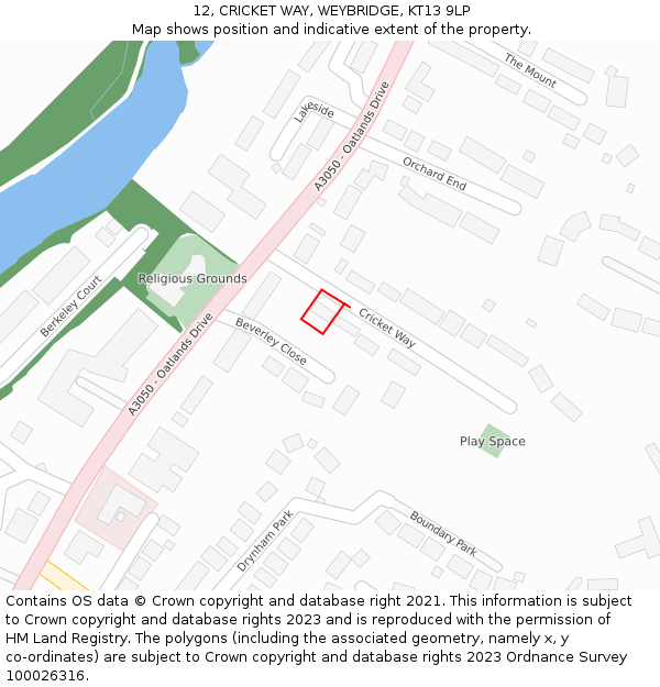 12, CRICKET WAY, WEYBRIDGE, KT13 9LP: Location map and indicative extent of plot
