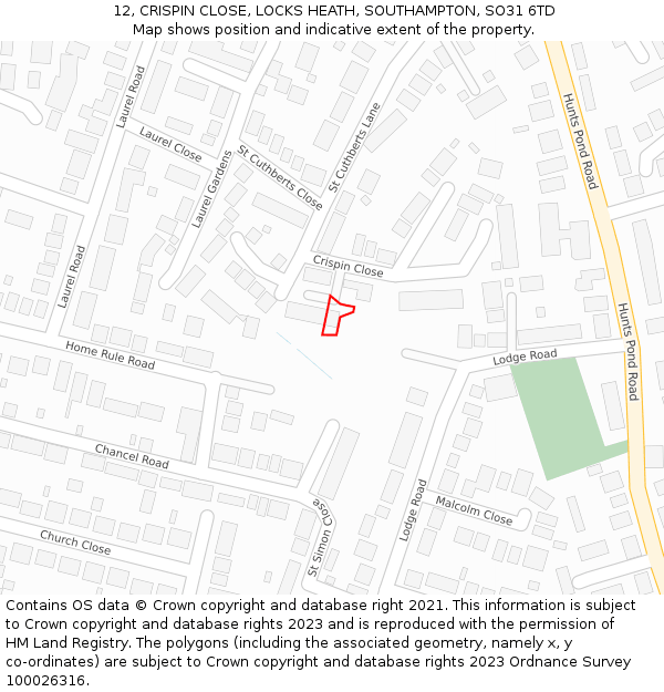 12, CRISPIN CLOSE, LOCKS HEATH, SOUTHAMPTON, SO31 6TD: Location map and indicative extent of plot
