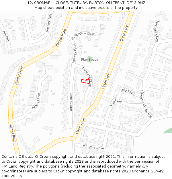 12, CROMWELL CLOSE, TUTBURY, BURTON-ON-TRENT, DE13 9HZ: Location map and indicative extent of plot