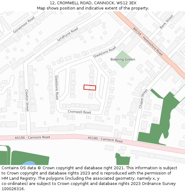 12, CROMWELL ROAD, CANNOCK, WS12 3EX: Location map and indicative extent of plot