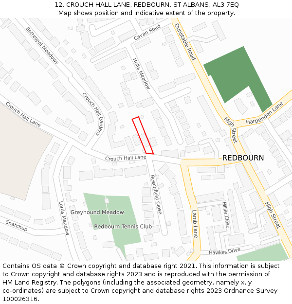 12, CROUCH HALL LANE, REDBOURN, ST ALBANS, AL3 7EQ: Location map and indicative extent of plot