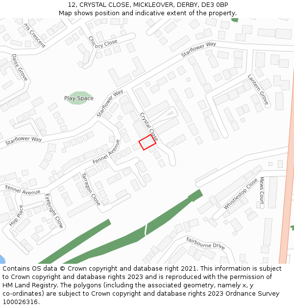 12, CRYSTAL CLOSE, MICKLEOVER, DERBY, DE3 0BP: Location map and indicative extent of plot