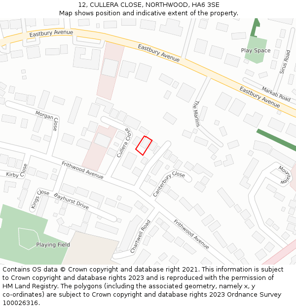 12, CULLERA CLOSE, NORTHWOOD, HA6 3SE: Location map and indicative extent of plot